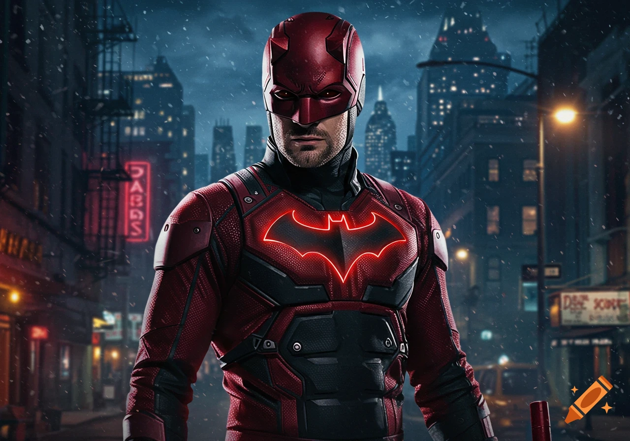 Photorealistic Daredevil in red and black suit with glowing red Batman symbol, standing in a snowy, neon-lit city at night.