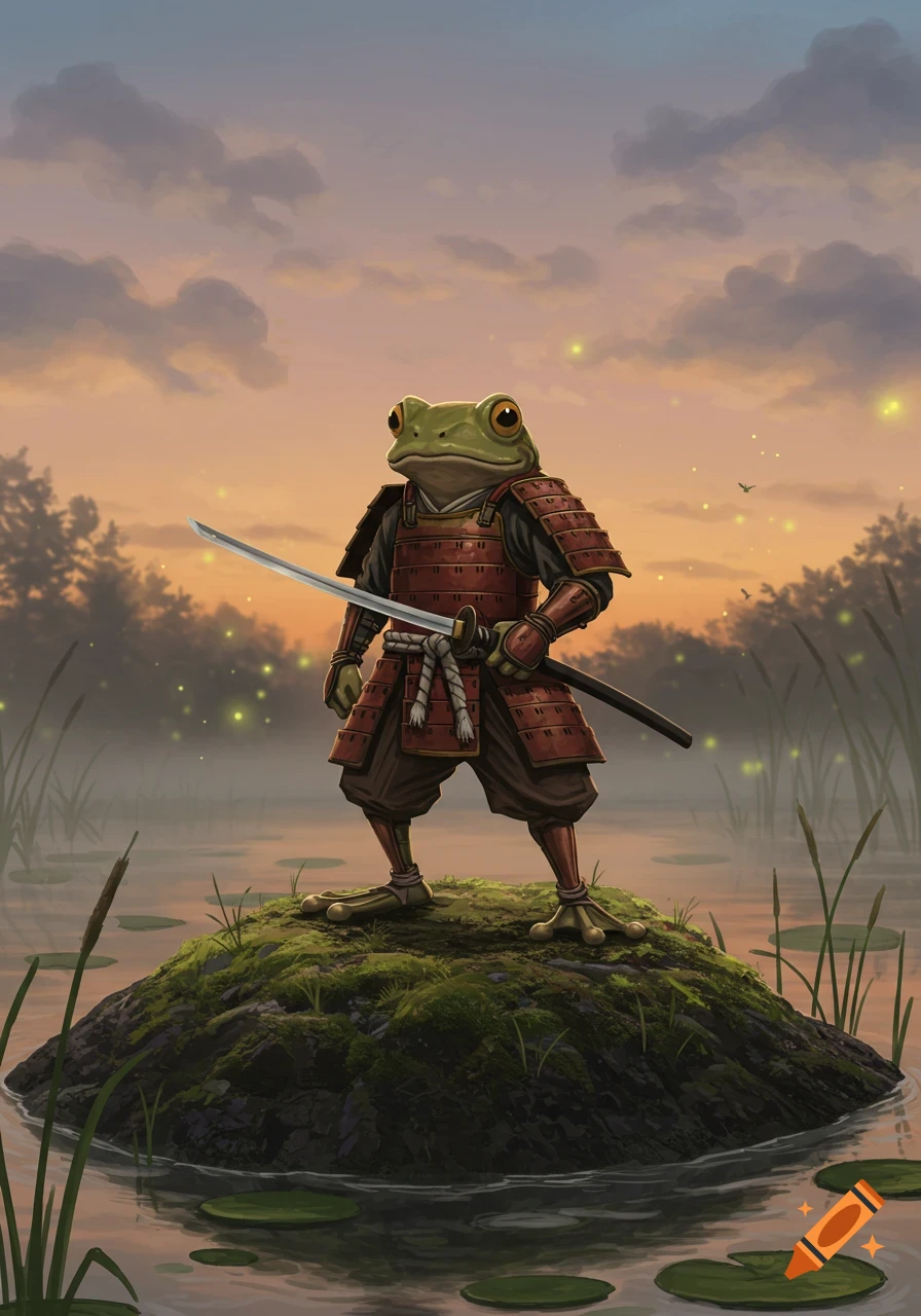 A frog in red samurai armor stands on a mossy island in a misty swamp, holding a katana, against a sunset sky.