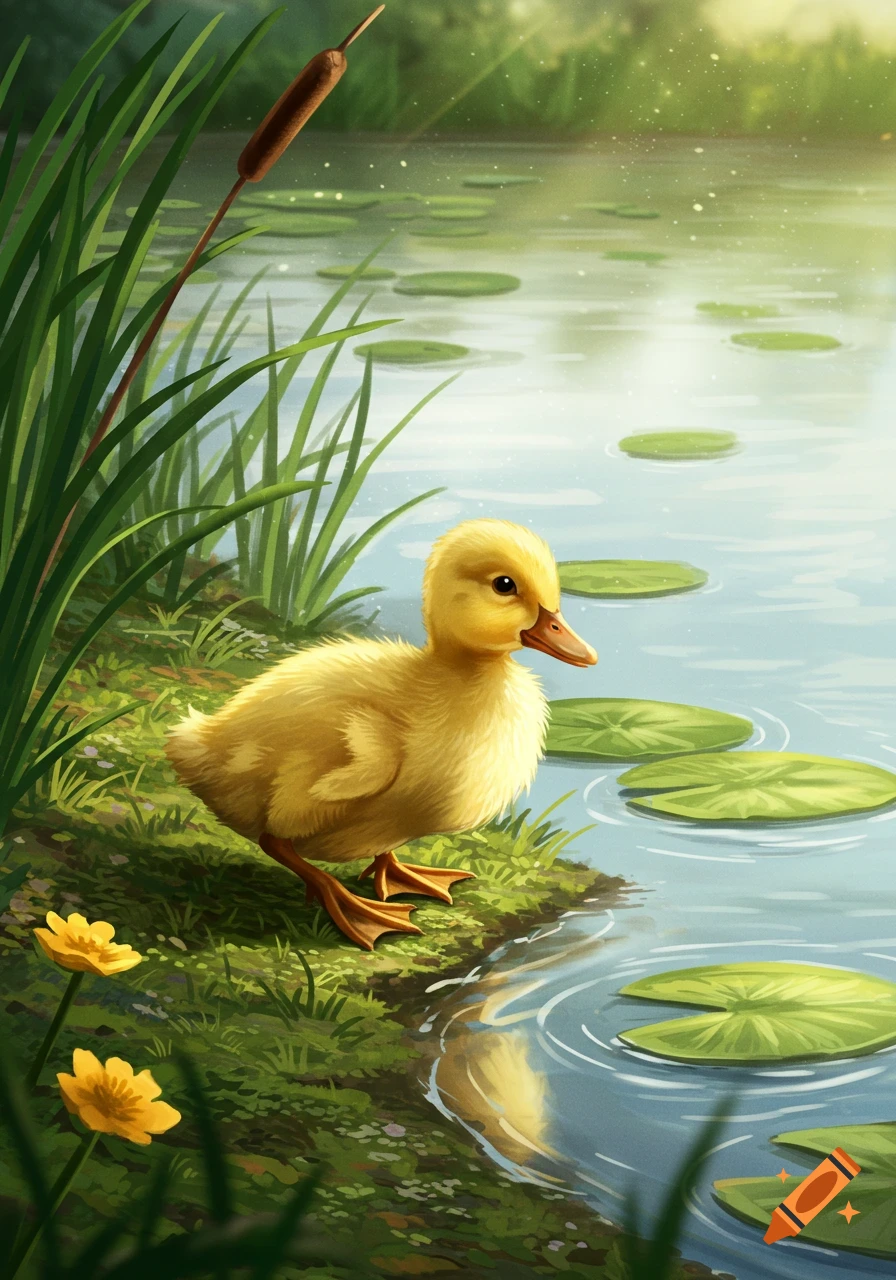 A fluffy yellow duckling stands by the edge of a pond with lily pads, green grass, and a cattail, in an illustration style.