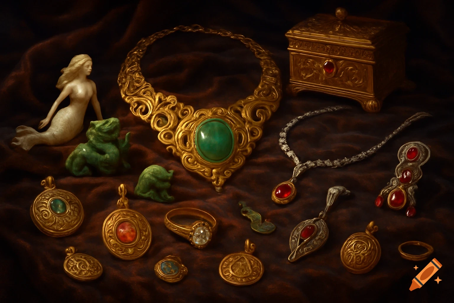 A collection of ornate gold and silver jewelry with various gemstones, a mermaid figurine, and a small jade dragon sculpture on dark red draped fabric.