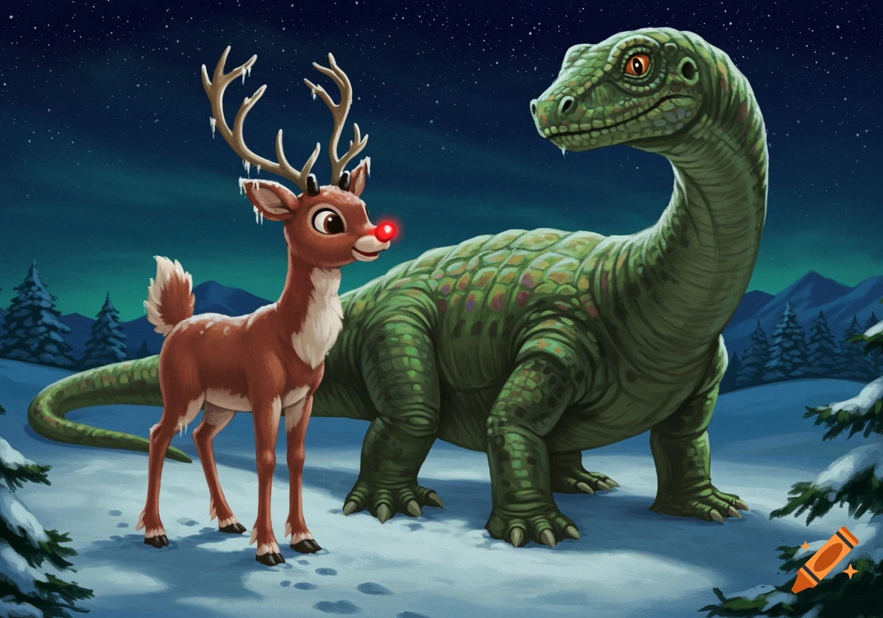 Rudolph the Red-Nosed Reindeer stands in a snowy landscape at night, looking at a large green dinosaur under a starry sky.