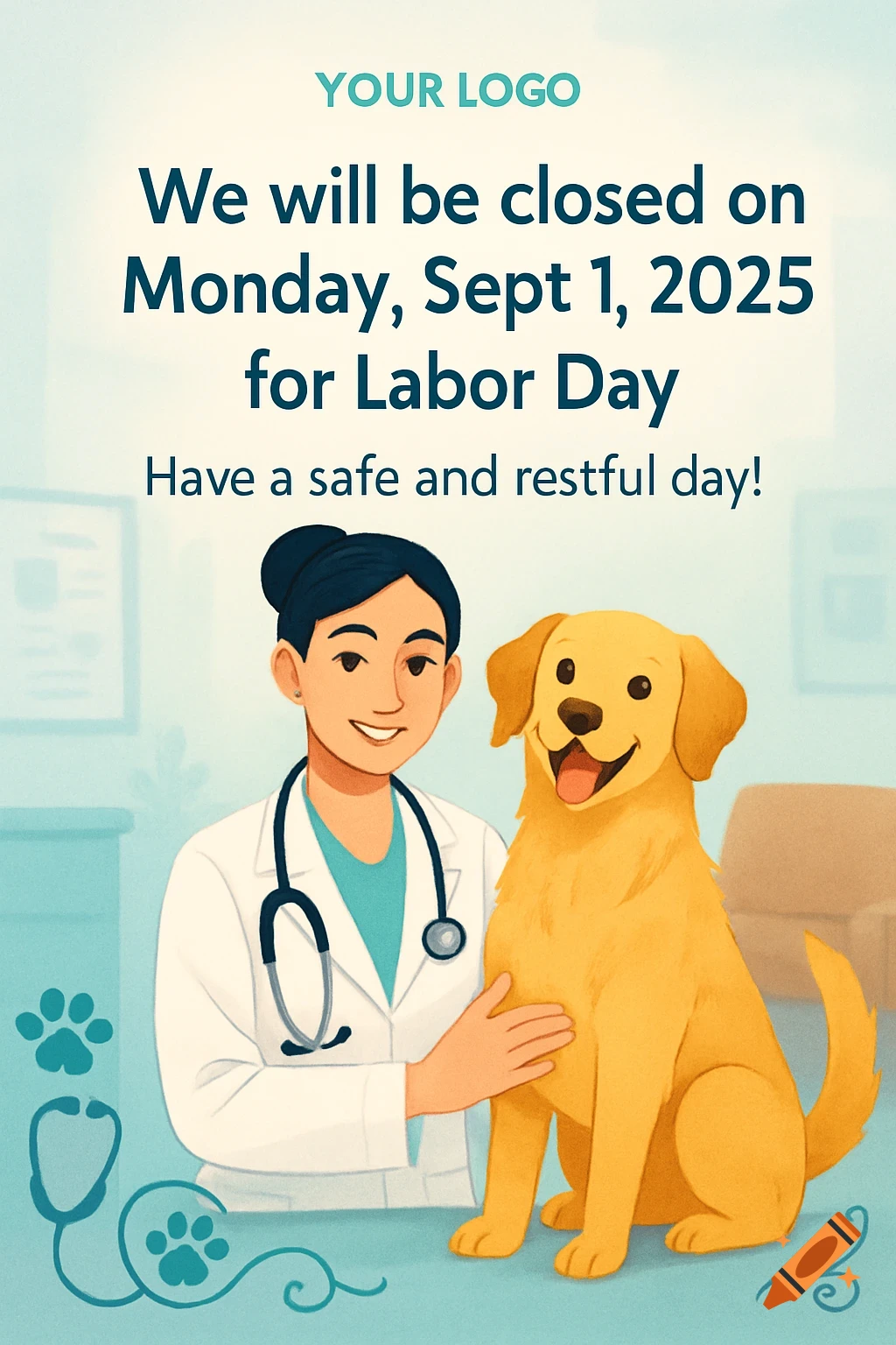 Illustration of a smiling female veterinarian next to a golden retriever, with text announcing a Labor Day closure.