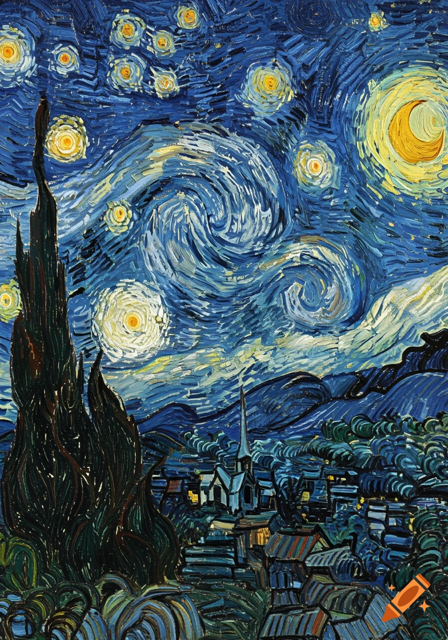 A vibrant post-impressionist painting of a swirling starry night sky over a village with a tall cypress tree, in Van Gogh's style.