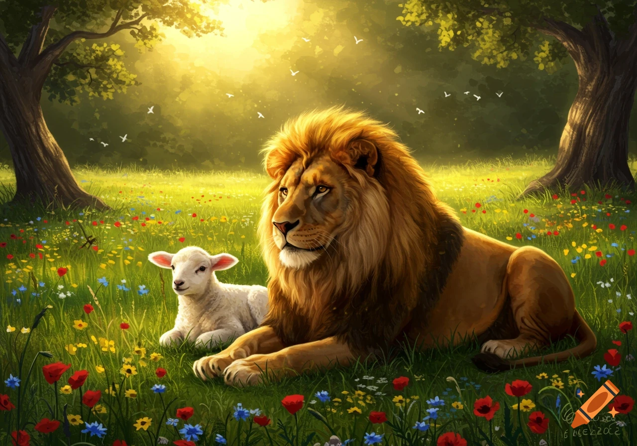 A majestic lion and a gentle lamb lie together peacefully in a vibrant, sunlit field filled with colorful flowers.