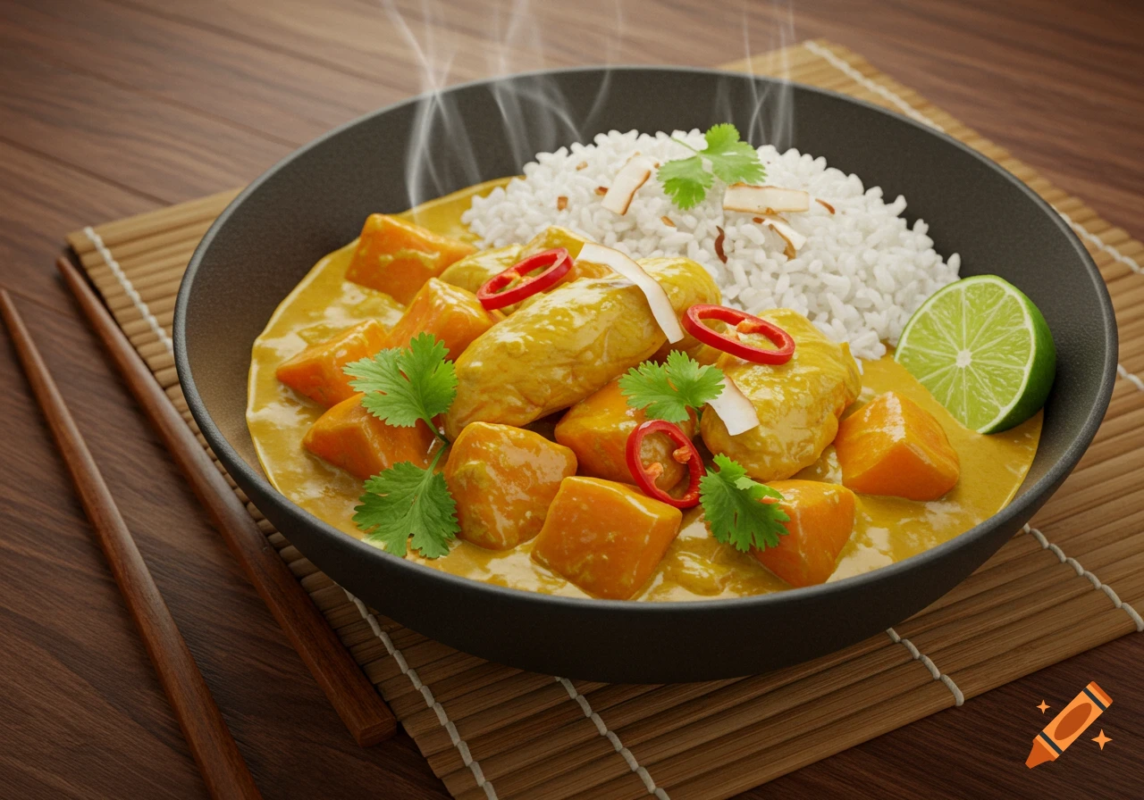 Realistic sweet potato and coconut chicken curry in a black bowl with white rice, lime, chili, and cilantro, served on a bamboo mat with chopsticks.