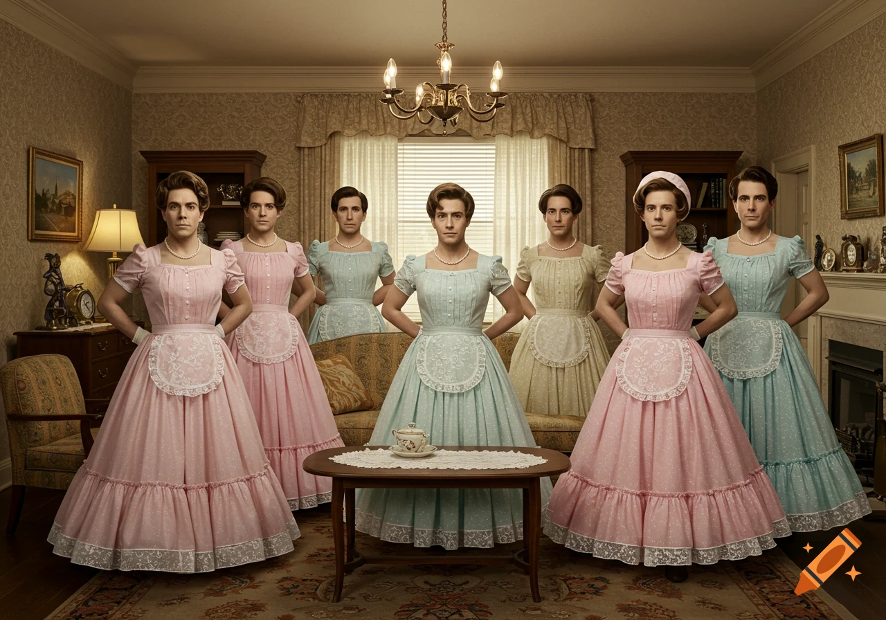 Seven men with masculine faces in a 1950s living room, dressed in identical pink, blue, and yellow ruffled dresses with white aprons and pearls.