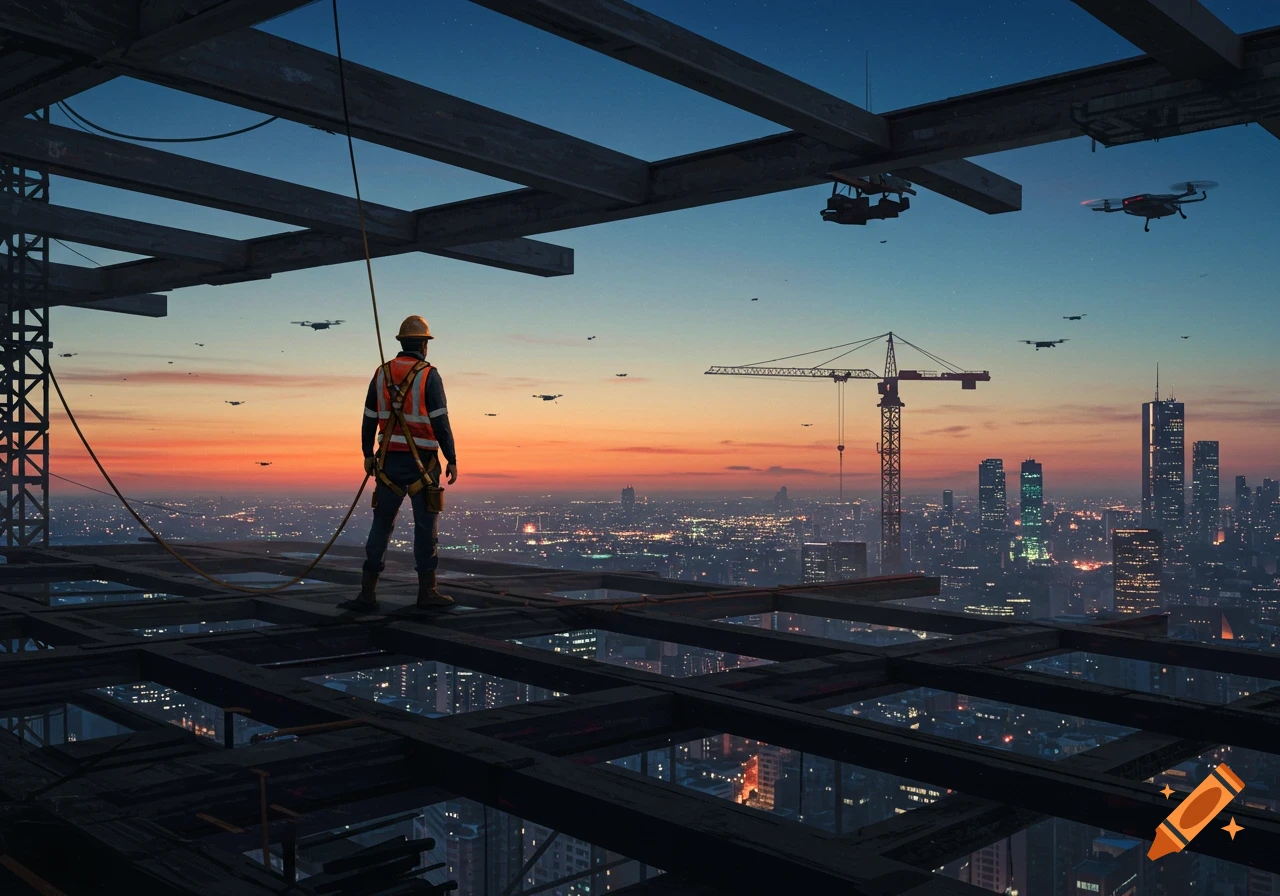 Construction worker on a building frame at sunset, overlooking a city with drones in the sky.