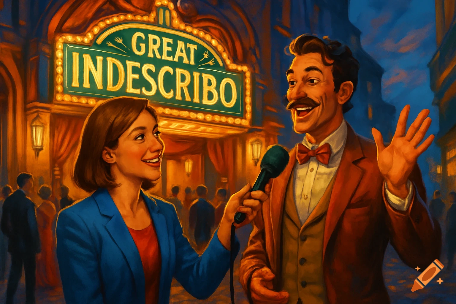 A female reporter interviews a smiling man with a mustache outside a theater with a 'Great Indescribo' sign, in a painterly style.
