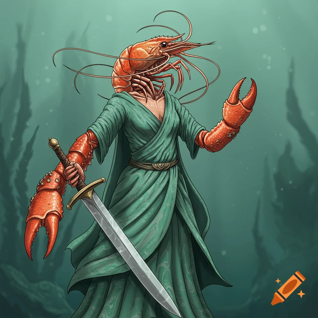 A fantastical warrior with a shrimp head and crab claws for hands, wearing a teal-green robe and holding a sword, in an underwater setting.