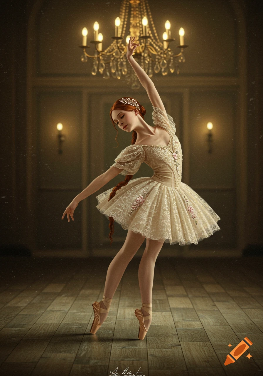 Photorealistic image of a graceful ballerina in a detailed Victorian-style tutu dancing en pointe in a lavish room under a chandelier.