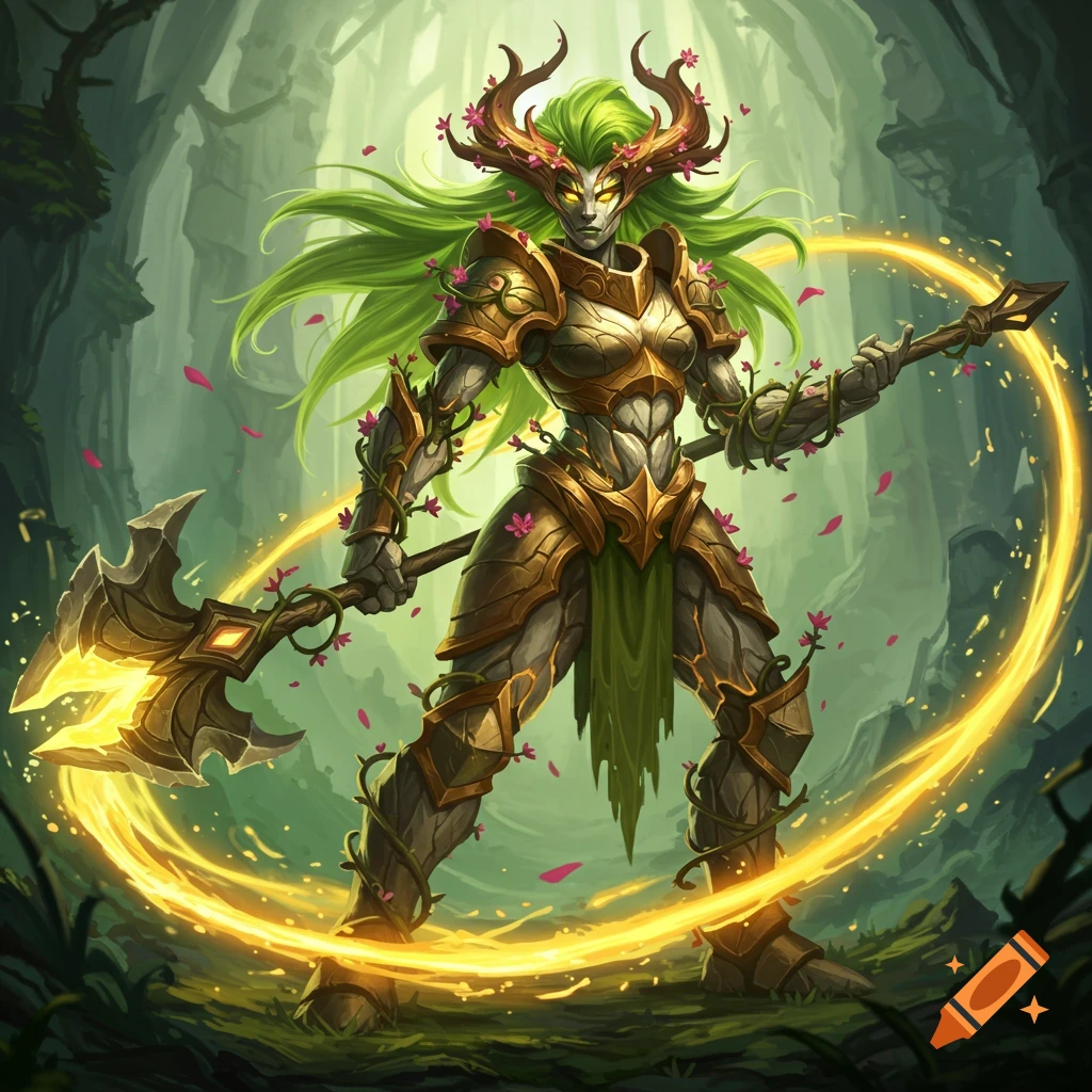 A female nature warrior with stone skin, golden armor, green hair, and glowing eyes, holding a luminous glaive in a forest. Digital painting.