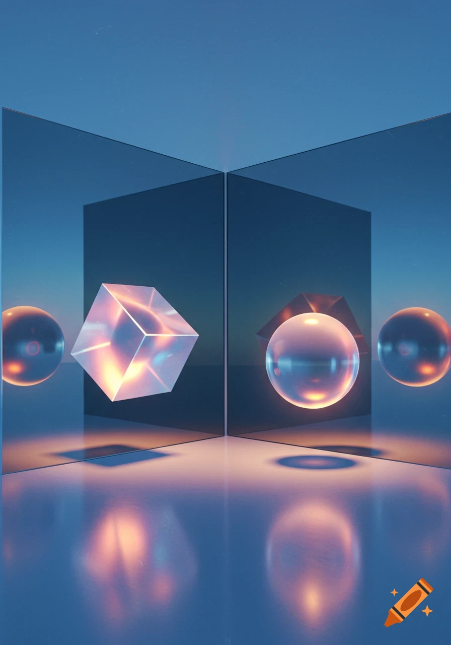 A glowing clear cube and a reflective sphere in a mirrored room with blue walls, creating multiple reflections.