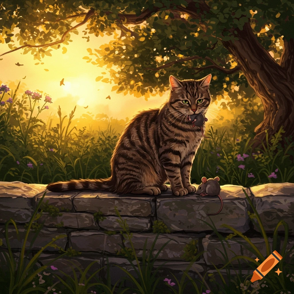 A tabby cat sits on a stone wall, holding a mouse in its mouth, with another mouse nearby, in a sunlit forest illustration.