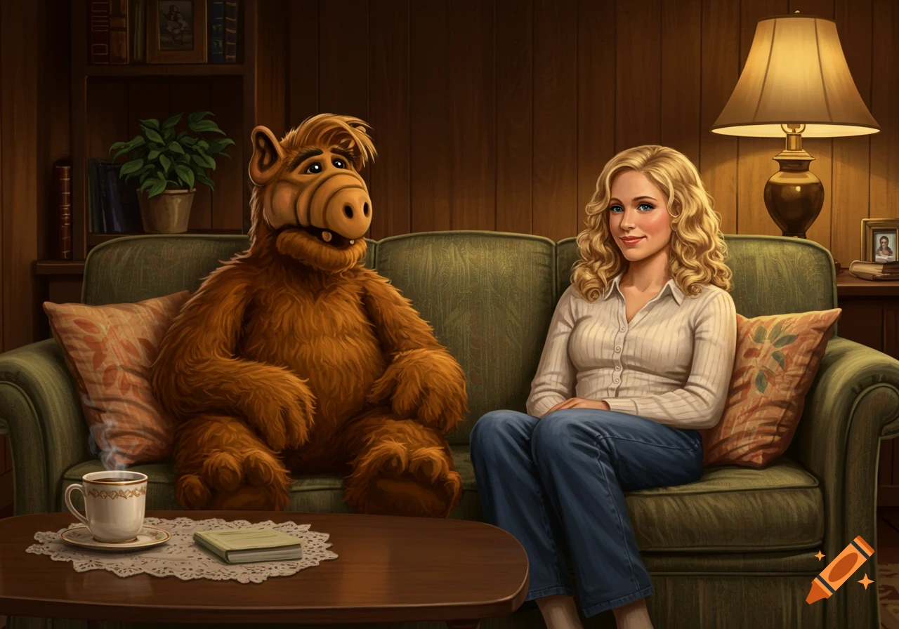 ALF and a blonde woman sit on a green couch in a living room, a cup of coffee and a book on the table.