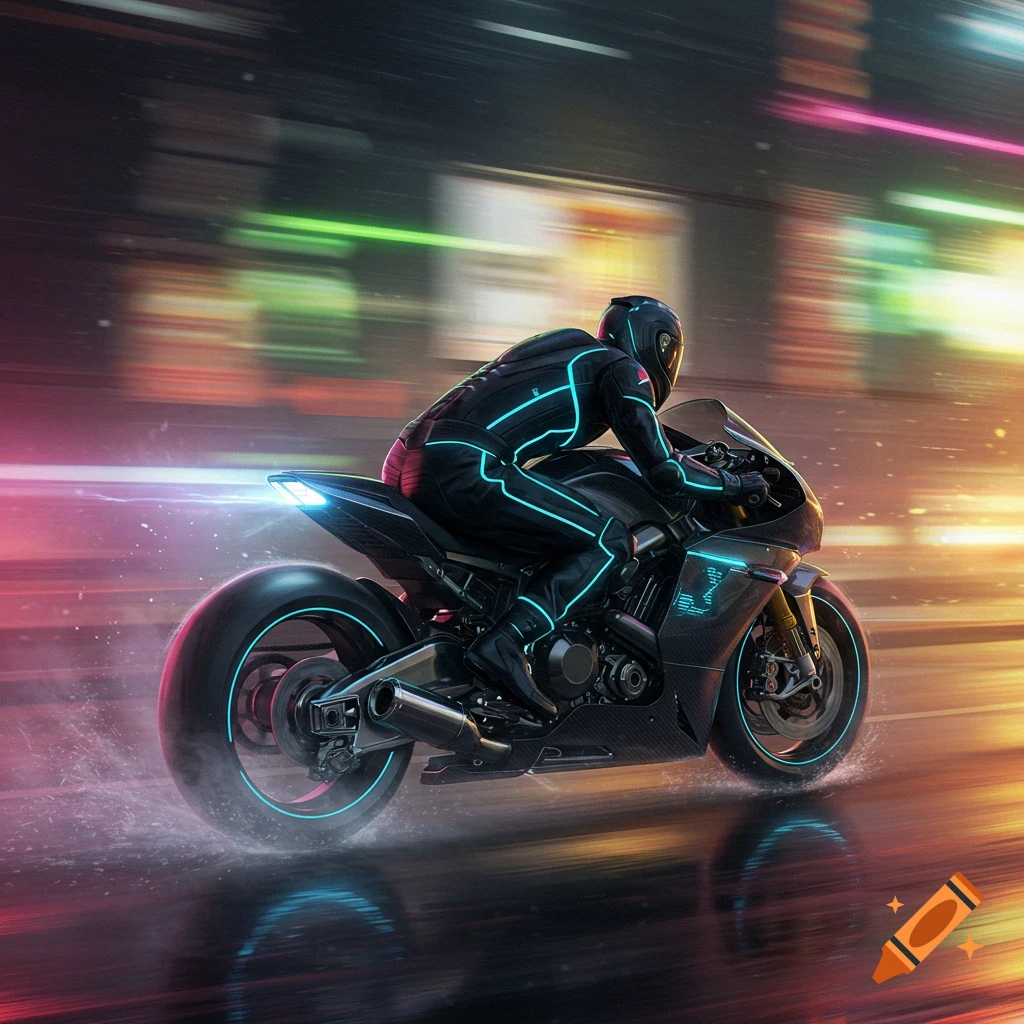 A futuristic motorcyclist in a black suit with neon blue lights speeds down a rainy, neon-lit city street at night.