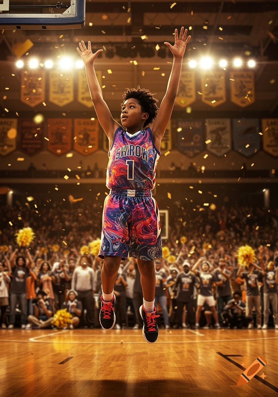 A young boy in a colorful basketball jersey and shorts leaps in the air, arms raised in triumph, on a brightly lit court with confetti falling and a cheering crowd in the background.