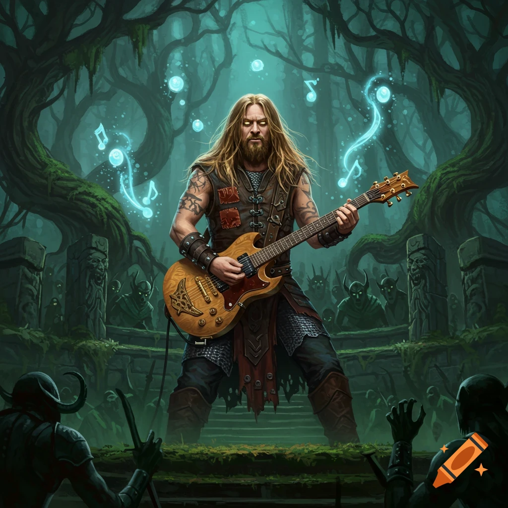 A long-haired man in fantasy attire plays an electric guitar in a dark forest, surrounded by glowing musical notes and shadowy horned creatures.