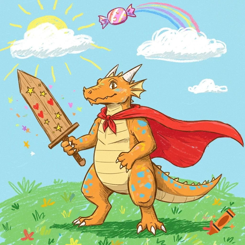 A crayon-style drawing of an orange dragon warrior in a red cape, holding a wooden sword decorated with hearts and stars, under a sunny sky with a rainbow and candy.