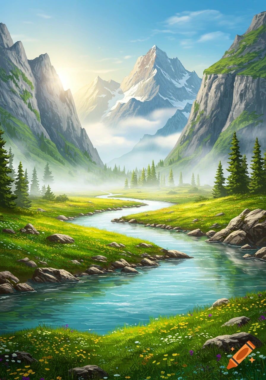 Serene alpine valley with a winding river, lush green meadows, towering snow-capped mountains, and bright morning sun.