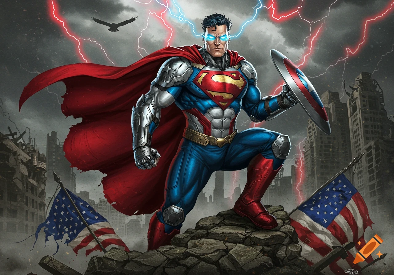 Superman with Captain America armor and shield stands heroically on rubble with a tattered US flag and ruined city under a stormy sky, comic book style.