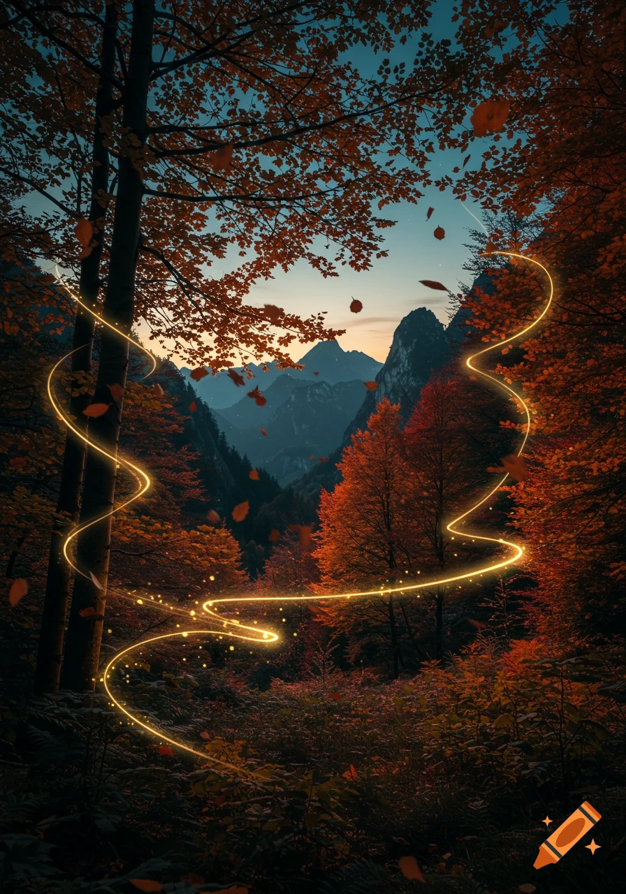 Photorealistic dark enchanted autumn forest with vibrant trees, glowing faerie lights, and mountains under a twilight sky.