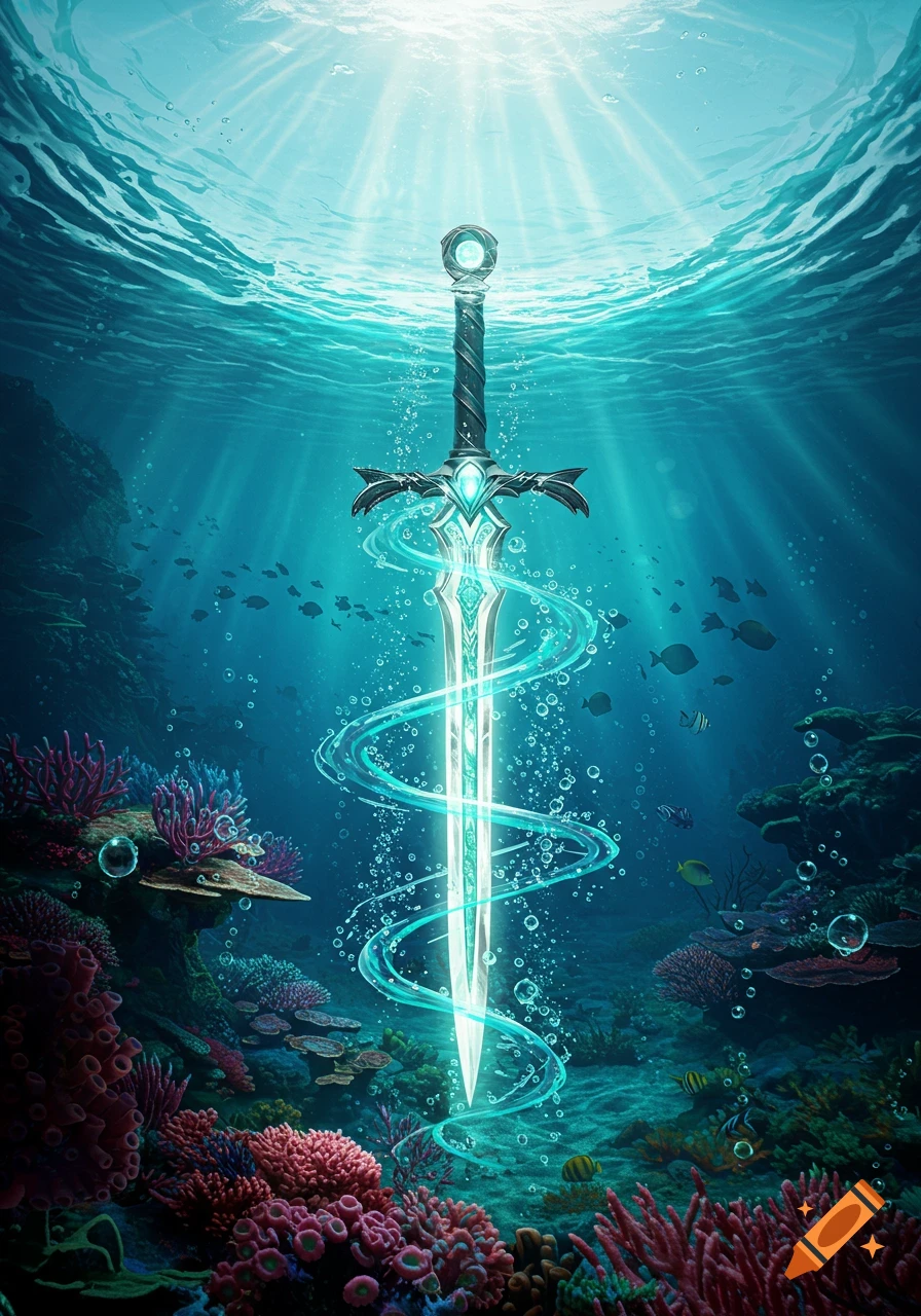 A magical glowing sword stands upright on a vibrant coral reef, with sun rays piercing the clear blue ocean water.
