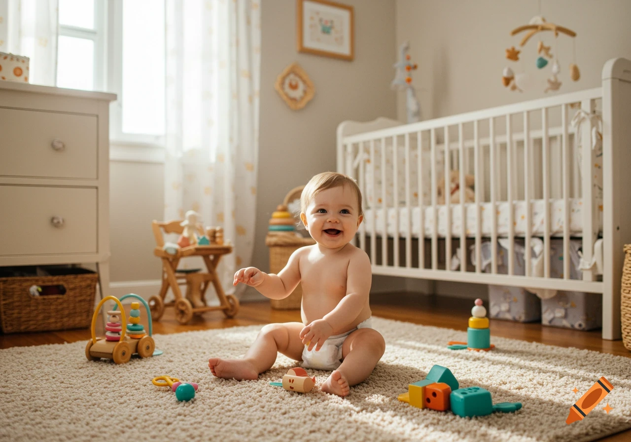 A happy baby in a diaper sits on a rug surrounded by colorful toys in a bright nursery, smiling widely.