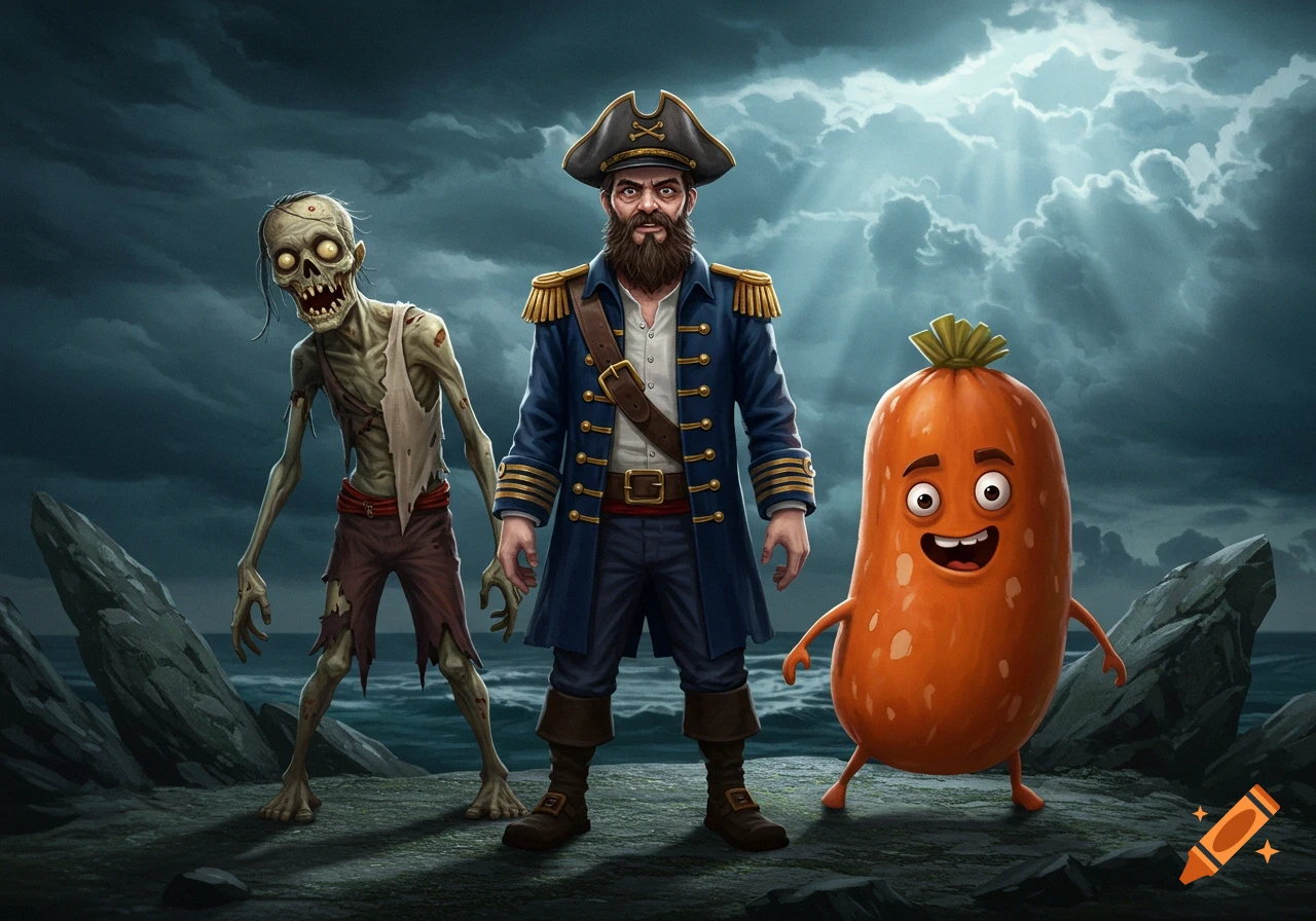 A stylized illustration of a zombie, a pirate captain, and a smiling cartoon sausage character on a rocky shore under a stormy sky.