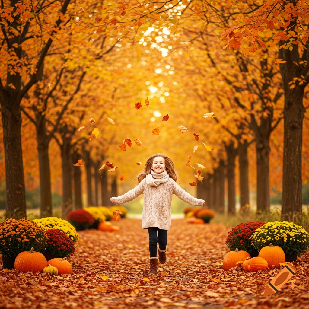 A joyful young girl runs down an autumn path amidst falling orange leaves, with pumpkins and mums decorating the sides.
