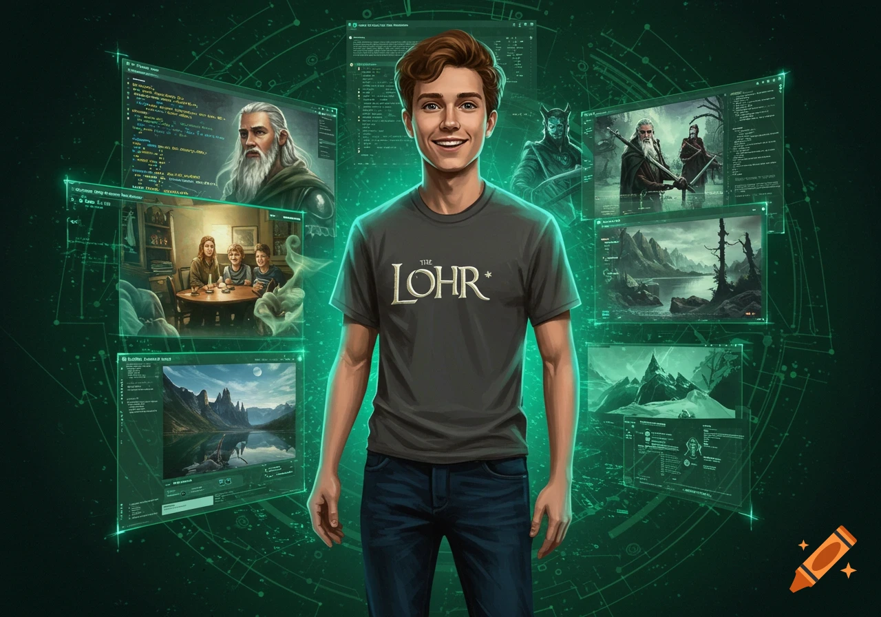 A smiling young man in a 'THE LOHR' t-shirt stands surrounded by holographic screens displaying coding, fantasy landscapes, characters, and a family scene, on a green digital background.