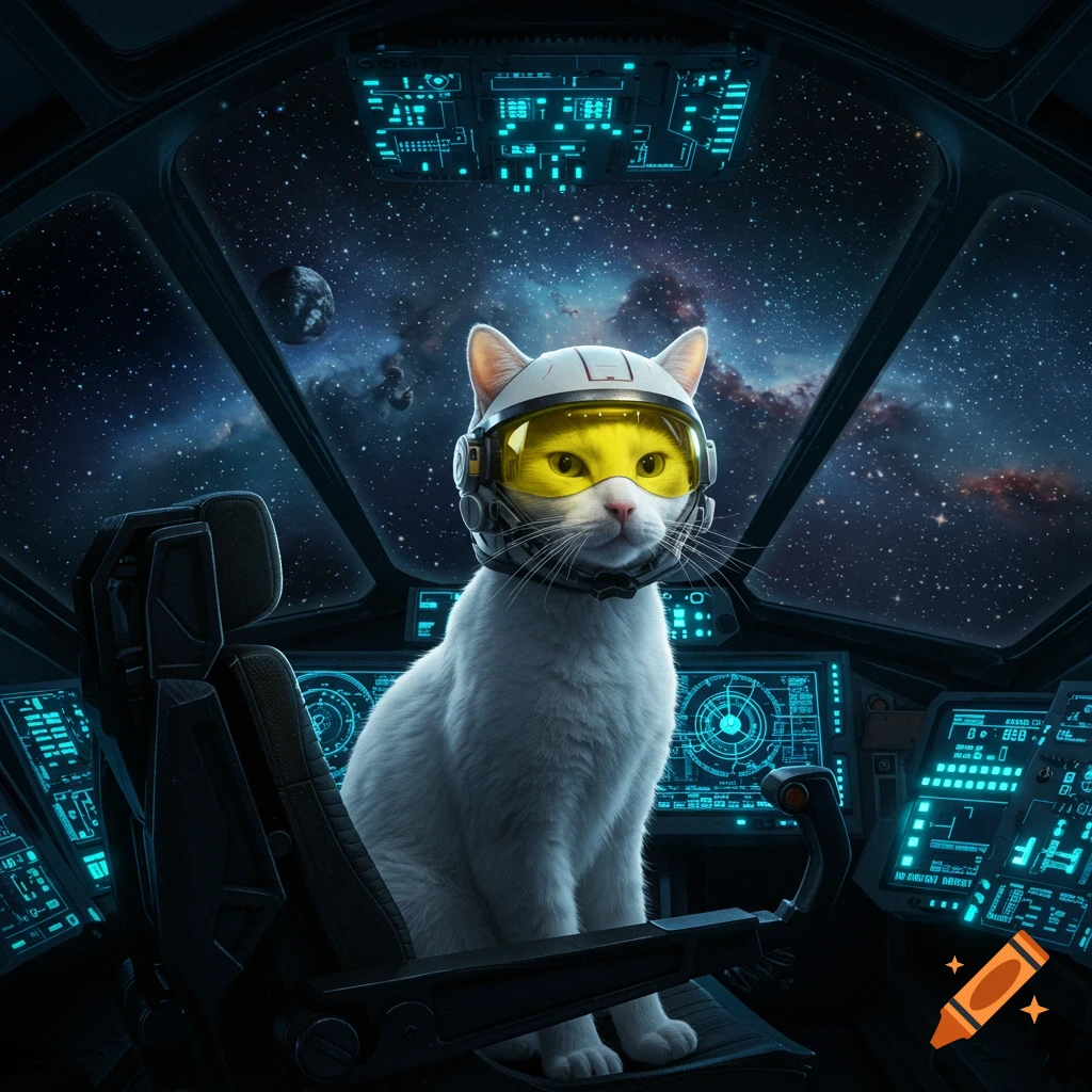 A white cat wearing an astronaut helmet with a yellow visor sits in a detailed spaceship cockpit, looking out at a starry galaxy.