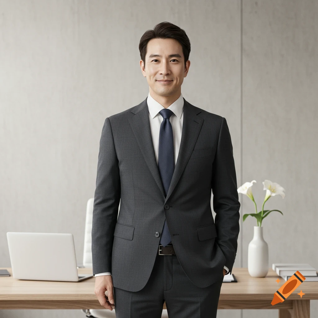 Photorealistic portrait of a smiling Asian businessman in a grey suit, standing in an office with a laptop and white lilies on a desk.