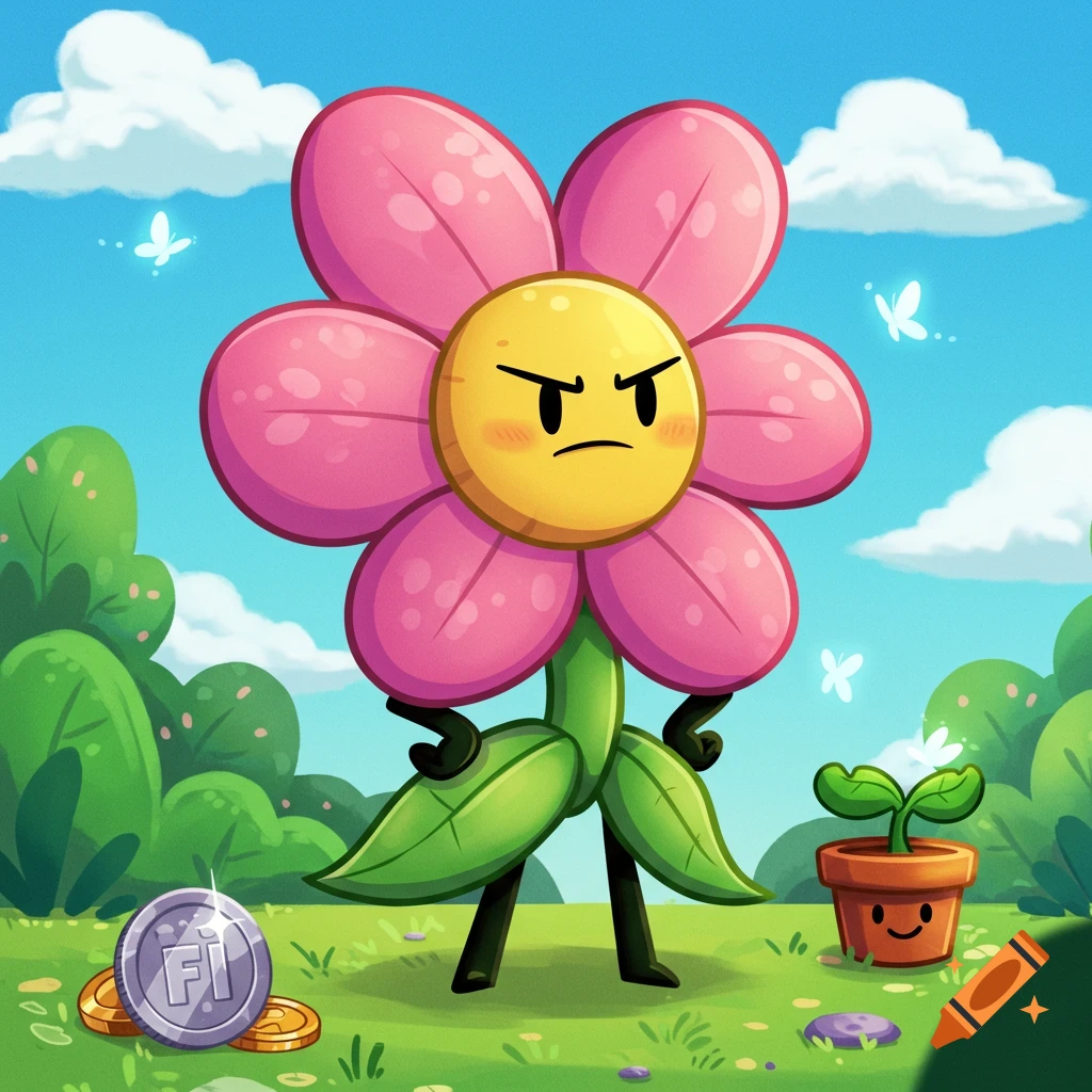 An angry cartoon flower character with pink petals and a yellow face stands in a vibrant green field with a happy potted plant and coins.