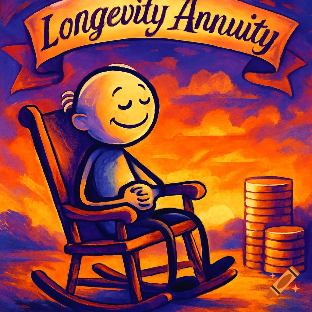Vibrant illustration of a happy stick figure in a rocking chair at sunset, with 'Longevity Annuity' banner and coin stacks.
