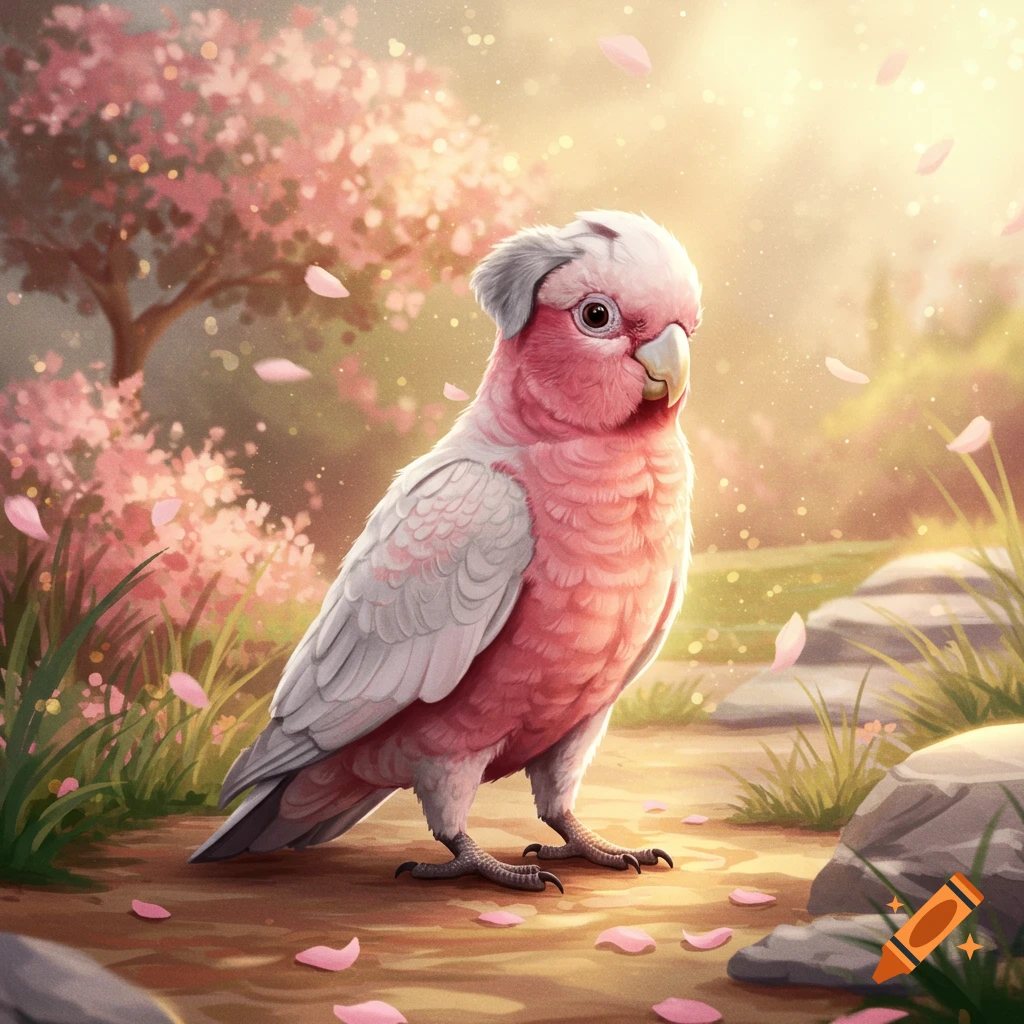 A pink and white Galah bird stands on a path surrounded by cherry blossoms and falling petals in a bright, stylized garden.