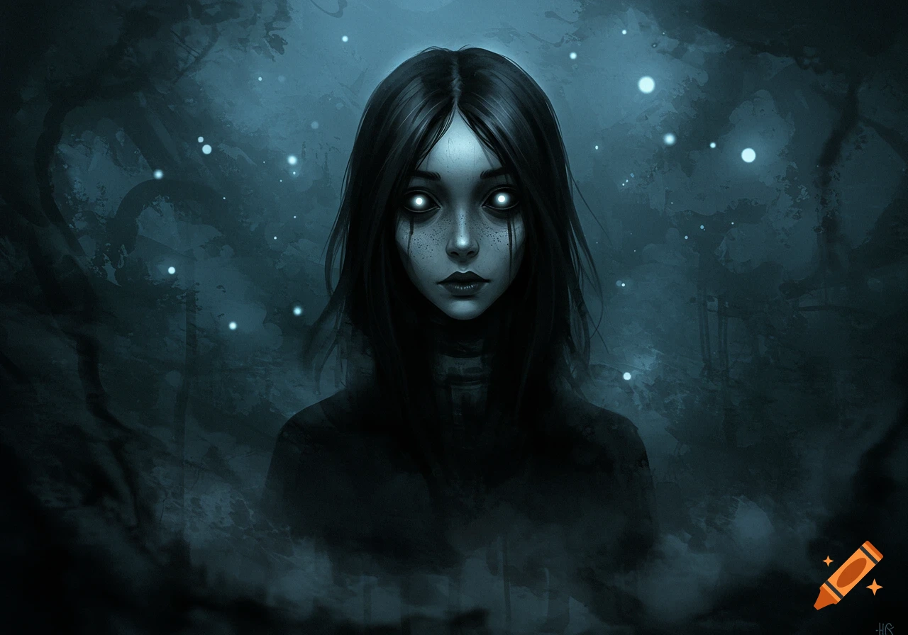 A dark digital painting of a pale woman with glowing white eyes and dark hair, against a misty, dark blue forest background with glowing particles.