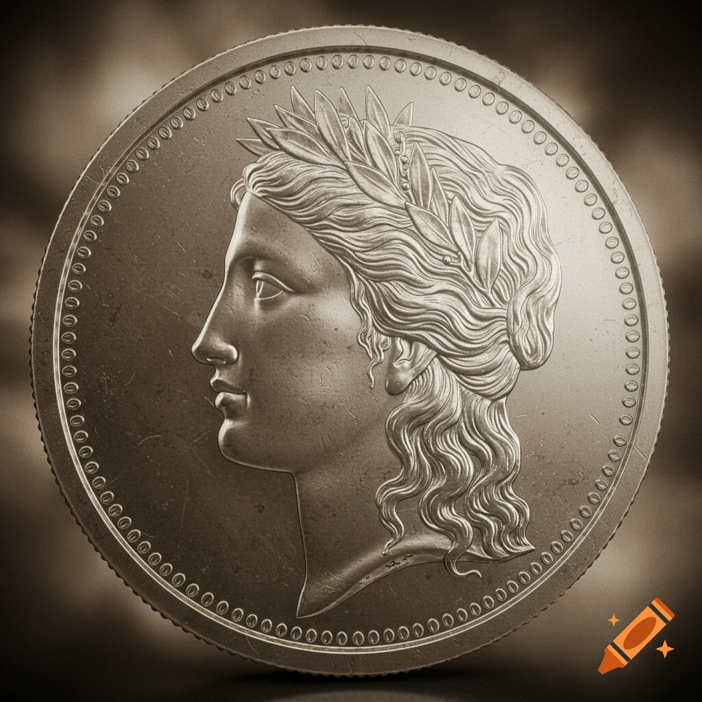 Close-up of a silver dollar coin with the profile of a goddess wearing a laurel wreath, depicted in a classical art style.