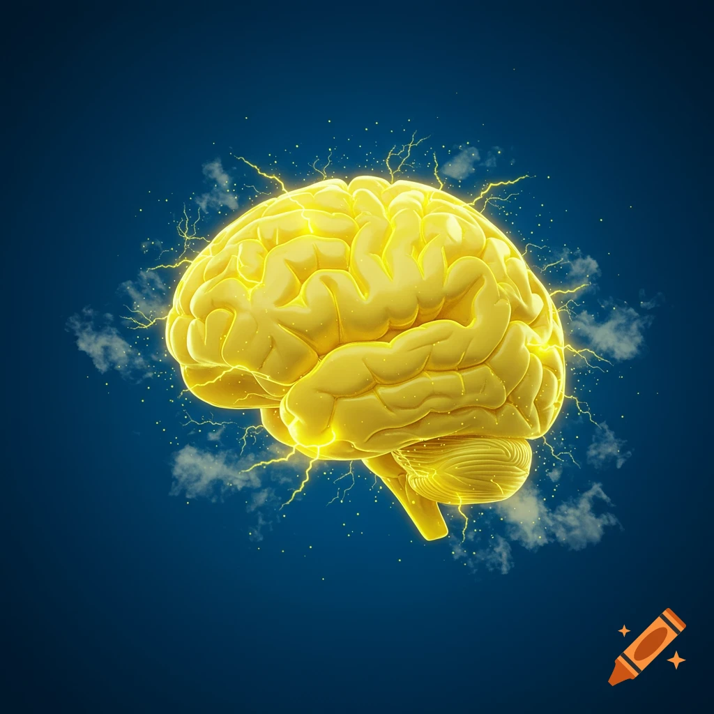 A glowing yellow human brain surrounded by yellow lightning bolts and faint clouds on a dark blue background.