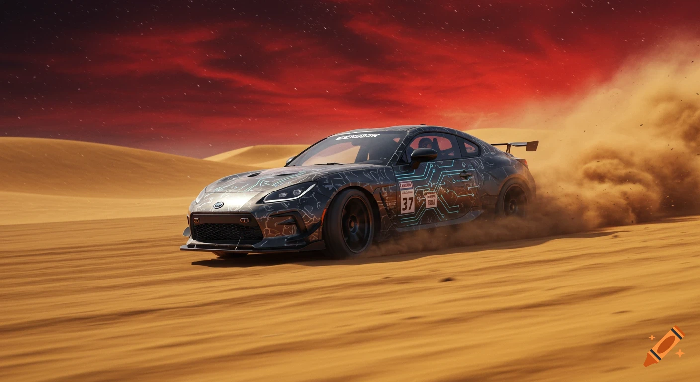 A stylized black Toyota GR86, with cyberpunk circuit patterns, drifts through a sandy desert under a dramatic red and starry sky, kicking up dust.