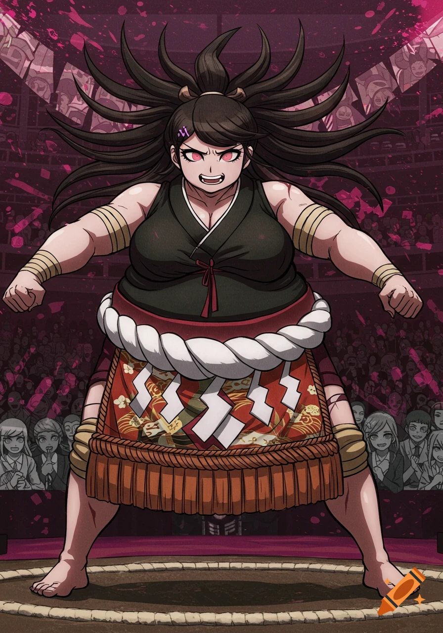 An angry, large female sumo wrestler with dark spiky hair and red eyes stands in a sumo ring, in Danganronpa anime style.