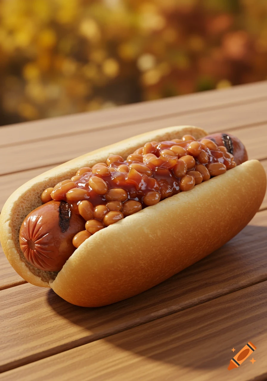 Photorealistic hot dog with BBQ baked beans on a wooden table, blurred autumn background.