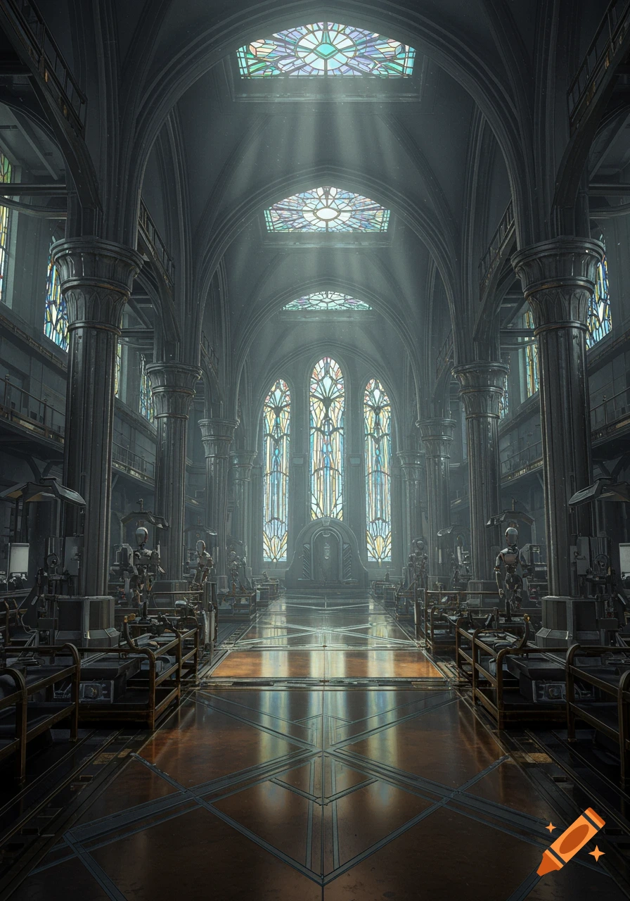 Grand hall with gothic architecture, stained glass, and industrial automatons, bathed in sunlight.