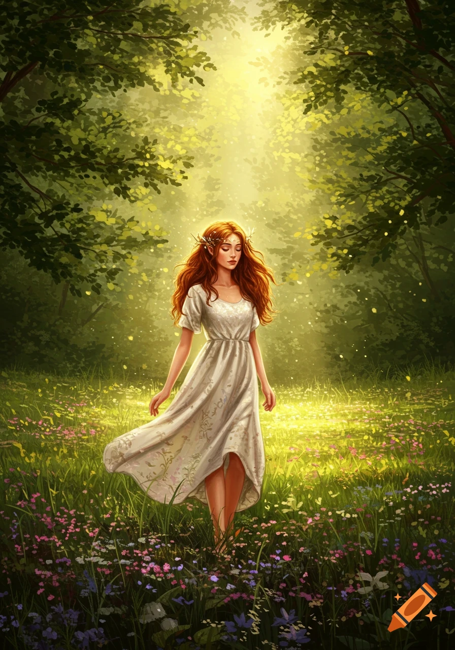 A red-haired woman in a white dress walks through a sunlit forest meadow with wildflowers, fantasy art.