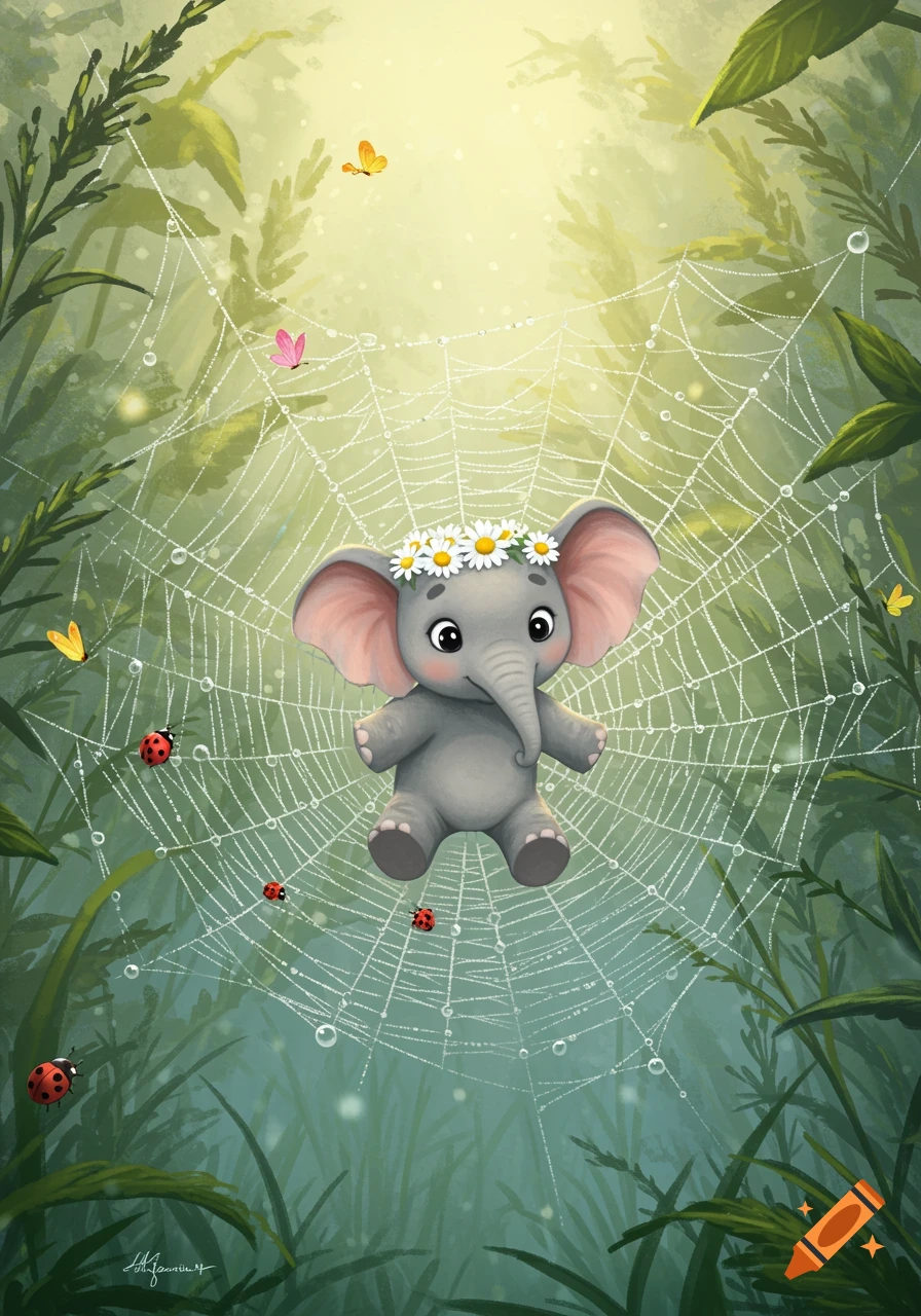 A cute cartoon baby elephant with a daisy crown sits in a dew-covered spiderweb in a lush forest with butterflies and ladybugs.