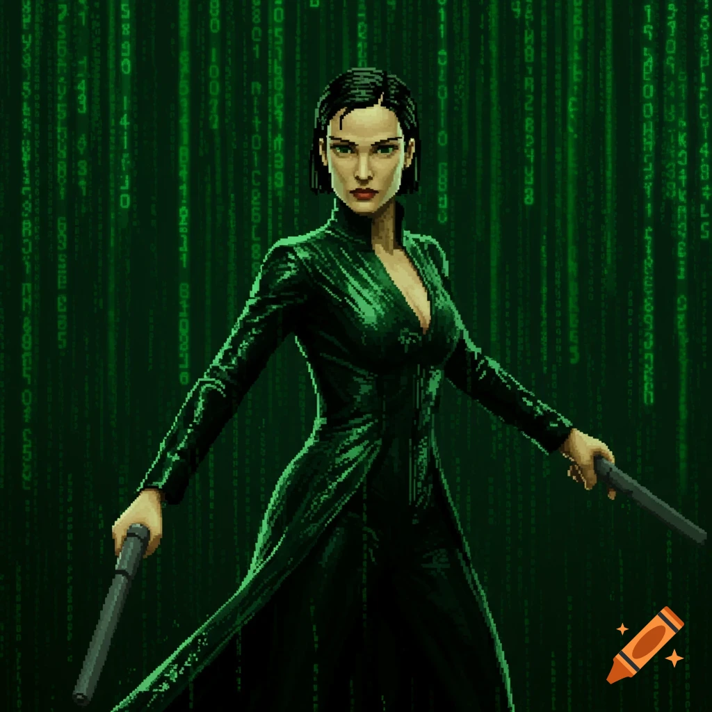 Pixel art image of Trinity from The Matrix in a long green coat, holding two pistols against a background of green digital rain.