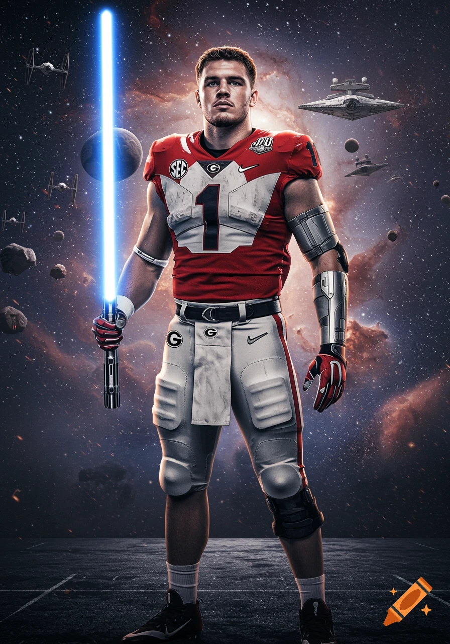 Muscular American football player in red and white uniform holding a blue lightsaber, standing on a field in space with planets and Star Wars ships.