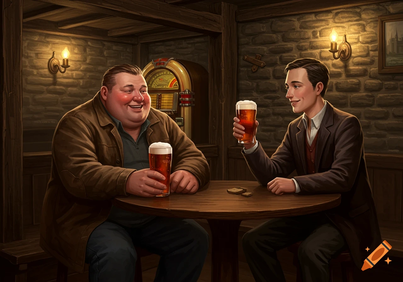 Two smiling men, one plump, one slender, sit at a table in a dimly lit pub, holding glasses of beer. A jukebox is in the background.