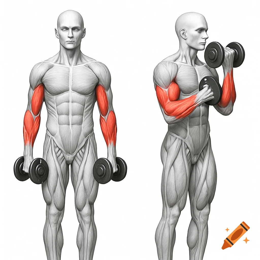 Anatomical illustration of a man demonstrating dumbbell hammer curls, highlighting red biceps and forearms in start and curl positions.