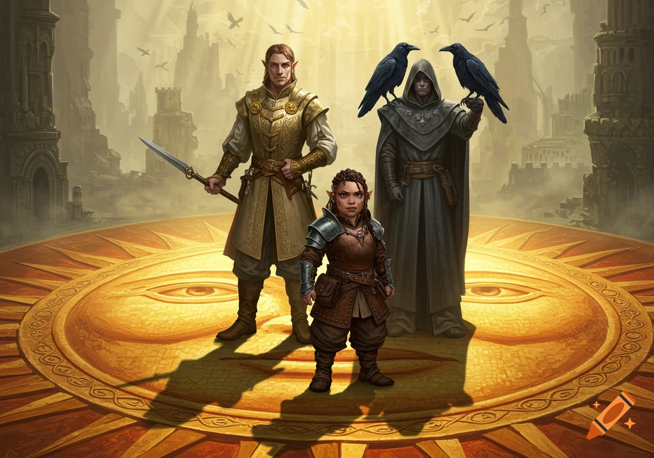An elf, a halfling, and a cloaked man with two ravens stand on a sun mosaic in a medieval fantasy setting.