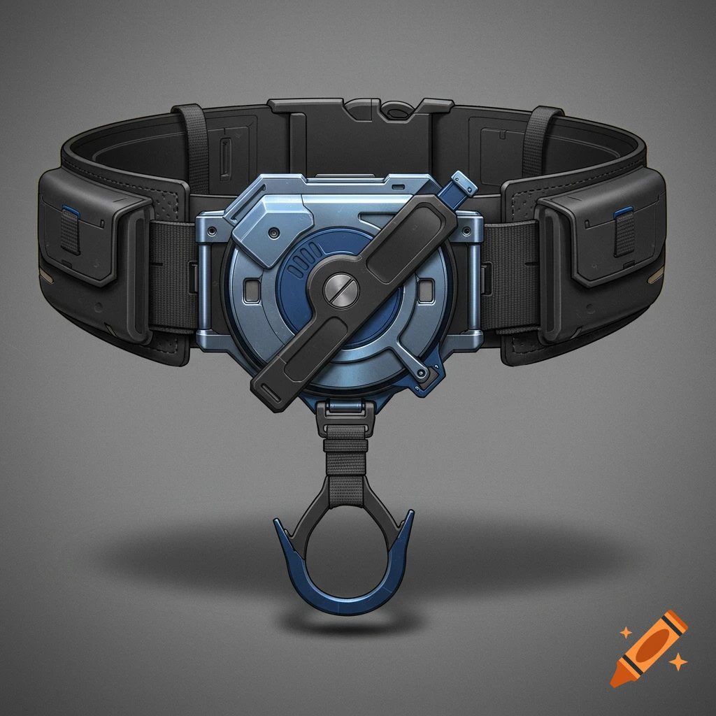 A detailed sci-fi utility belt with a blue and gray central mechanism, two pouches, and a hanging grappling hook on a gray background.